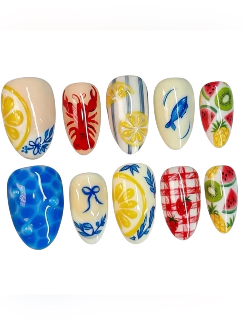 🦞☀️NEW 24 Piece Coastal Ocean Euro Amalfi Short Almond Shape Press On Nails